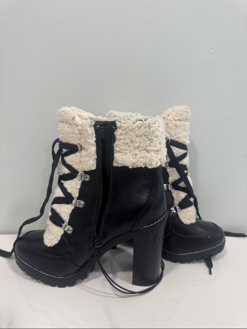 Black Faux-Shearling Lace-Up Heeled Boots